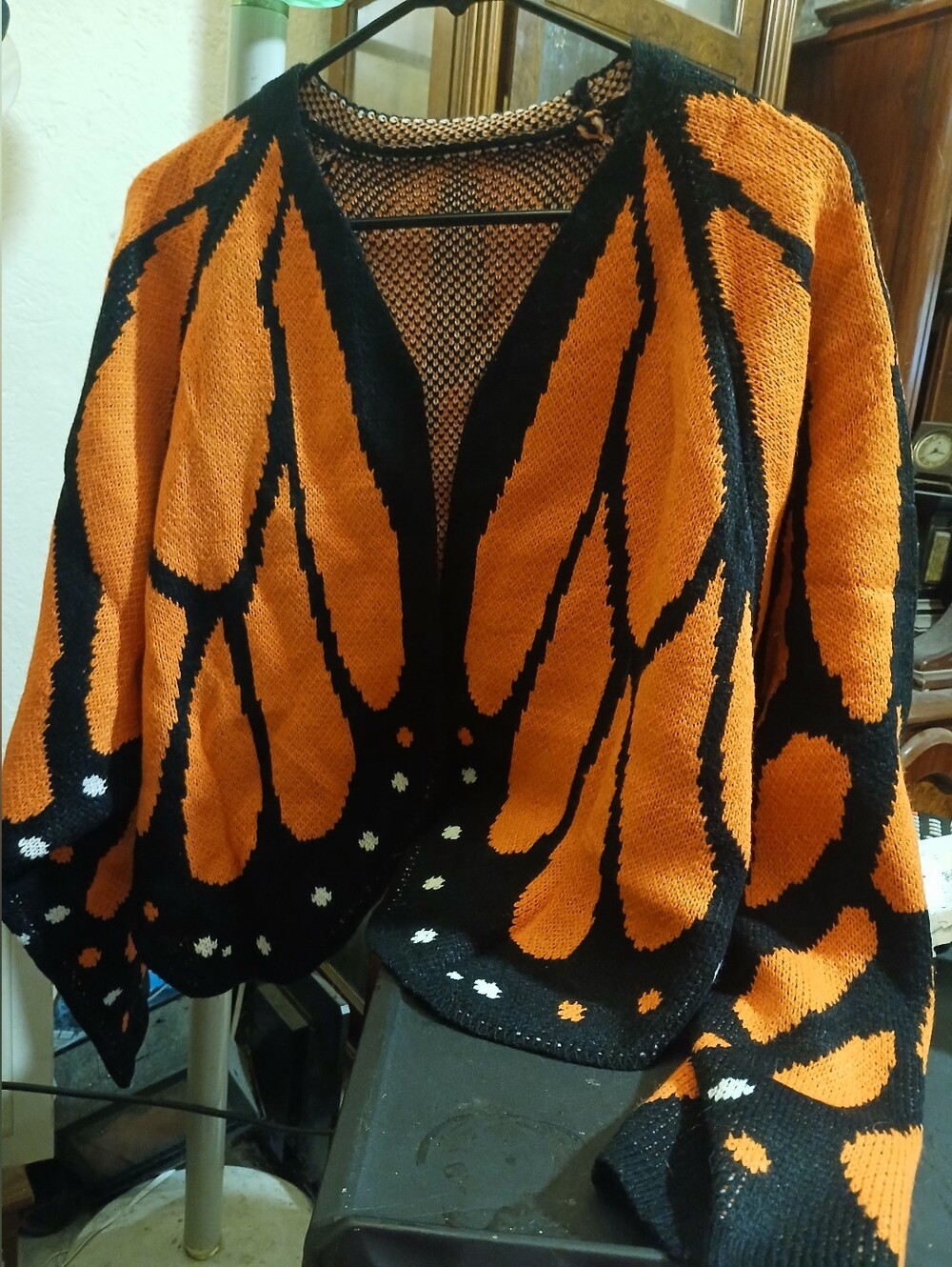 Orange & Black Butterfly-Print Knit Cardigan Sweater XXL